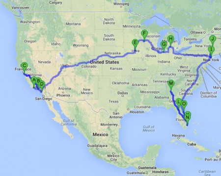ERSO Ameerika-turnee 2013. Google Maps.
